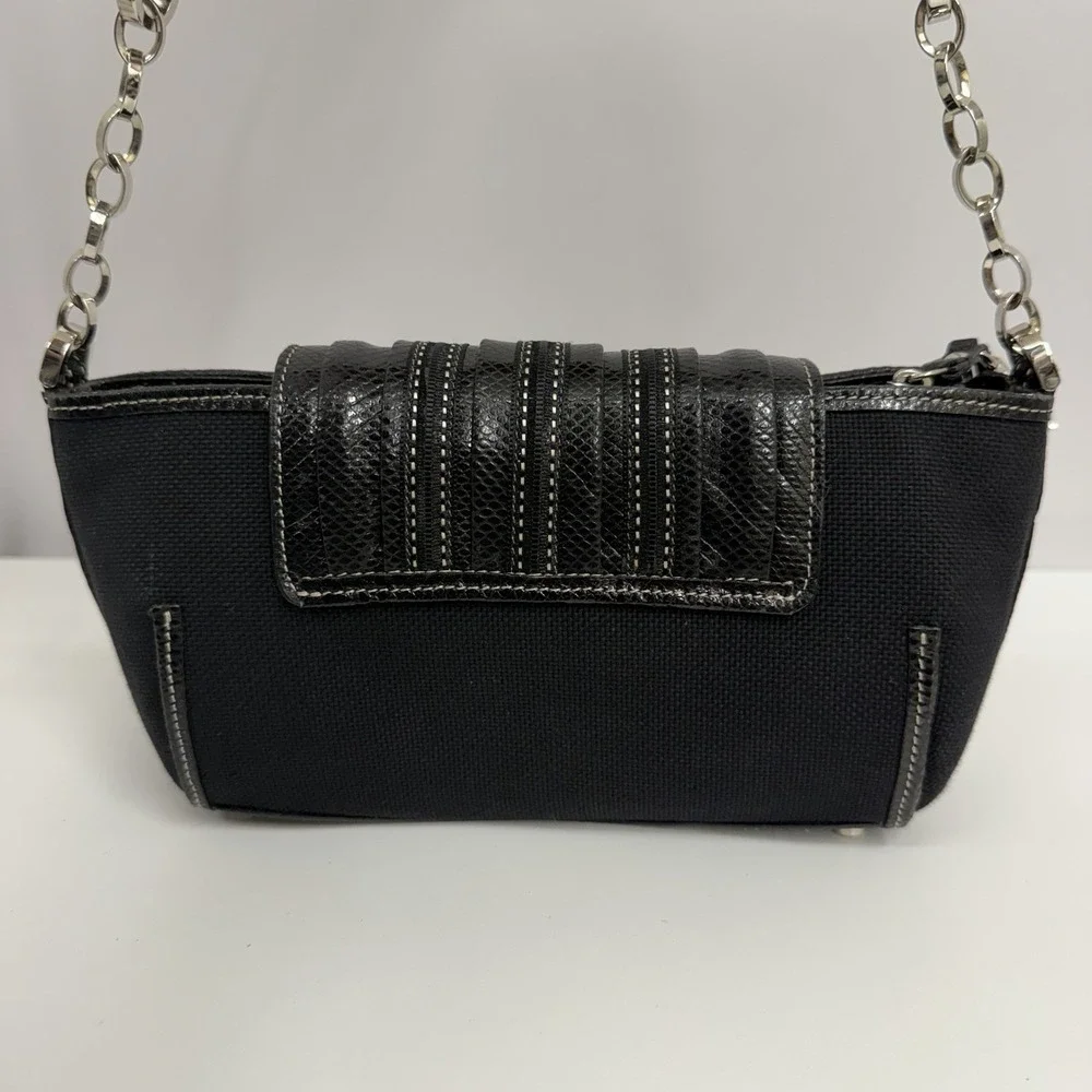 Judith Leiber Snakeskin and Fabric Purse Black Crystals Trim Mirror Change Pouch